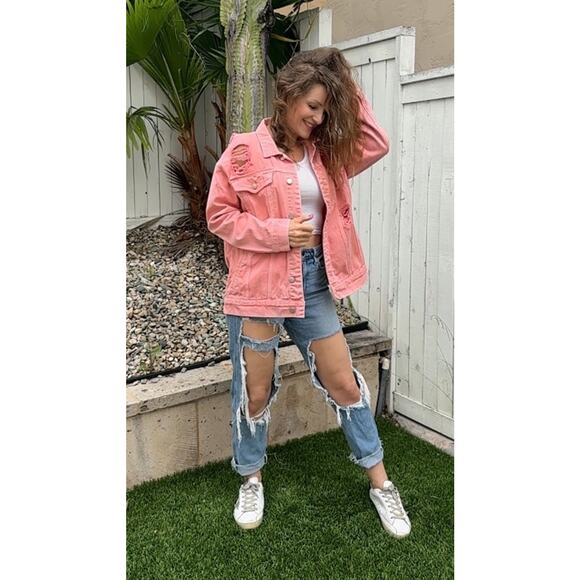 SELENA QUINTANILLA Queen of Tejano Music Upcycled Retro Pink Denim Jacket Size L - Picture 2 of 13